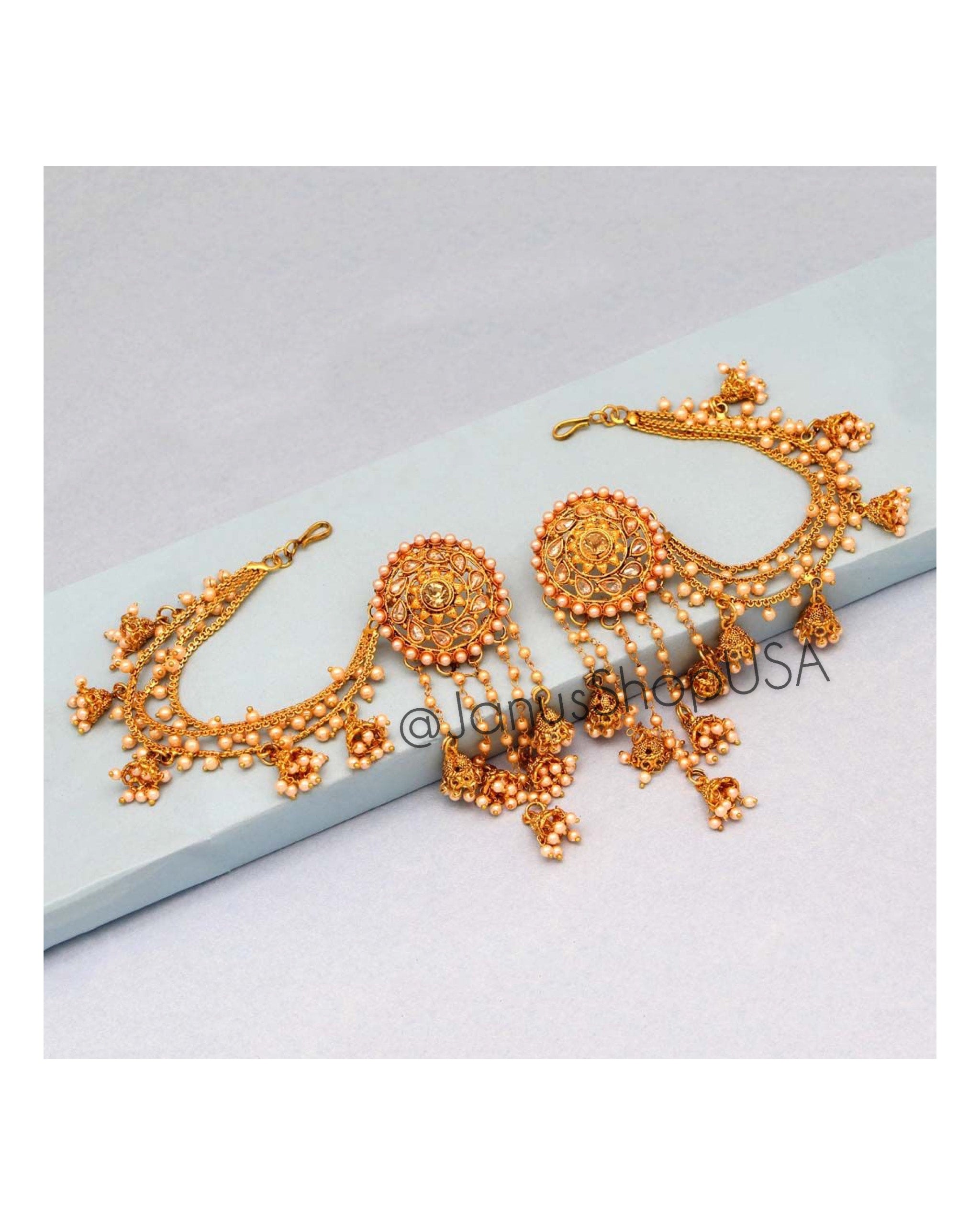 22 K GOLD Plated chain Bahubali Long Hair Attach Indian Earrings 1 Step  Jhumka $28.86 - PicClick AU